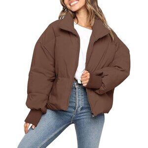 👑Women's Winter Puffer Jacket Coffee Outerwear Long Sleeve Short Warm Coat